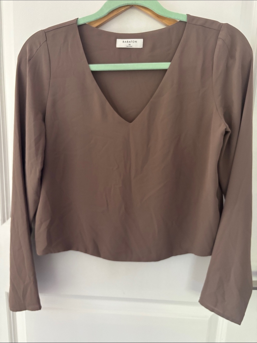 Babaton Murphy Blouse Taupe V-Neck Long Sleeve Top